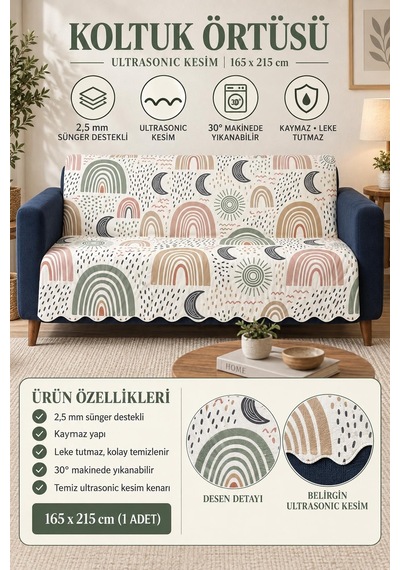 Çok Amaçlı Kadife Koltuk Örtüsü Kaymaz Süngerli 165x215 Cm Modern Bohem Çekyat Şalı Piknik Masa Örtüsü Alk15 Bej