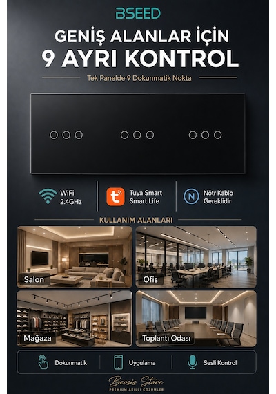 Bseed Siyah 9 Tuş Wifi Akıllı Dokunmatik Anahtar Tuya Smart Life, Nötr Hatlı