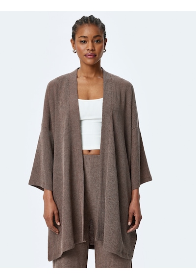 Koton Viskon Karışımlı Rahat Kalıp Geniş Uzun Kollu Kimono Kahverengi 5sak30054ek Kahve