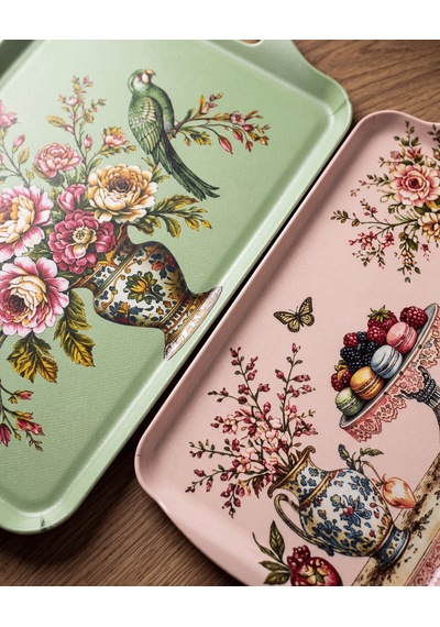 Makaron Ve Çiçek Desenli 2 Li Melamin Sunum Tepsisi Seti Rosave Çok Renkli