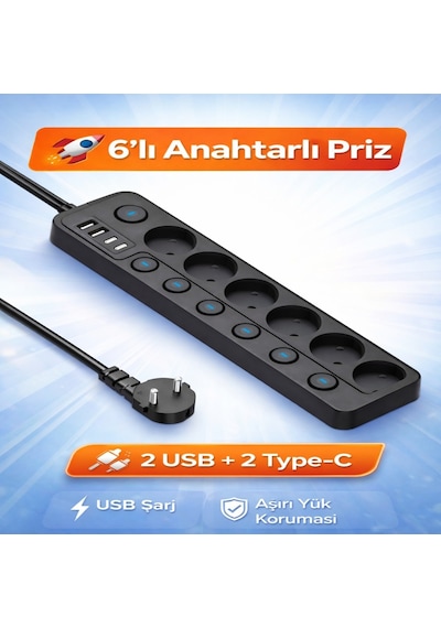 6 Lı Ayrı Anahtarlı Akım Korumalı Priz 3680w 16a 2 Usb 2 Type-c 2 Metre Kablolu Çoklu Priz 3 M