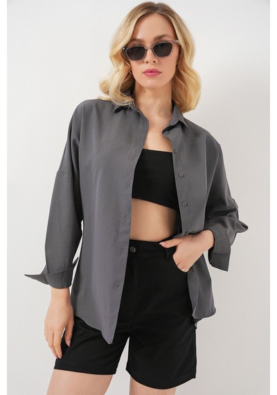 Hiccup Bdart Oversize Uzun Kollu Poplin Gömlek Gri