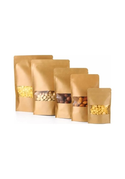 Pencereli Kraft Doypack Dik Duran Poşetler 50'li Paket, Şeffaf Pencereli, Kilitli Ziplock Ve Kolay Açma Çentik Diğer