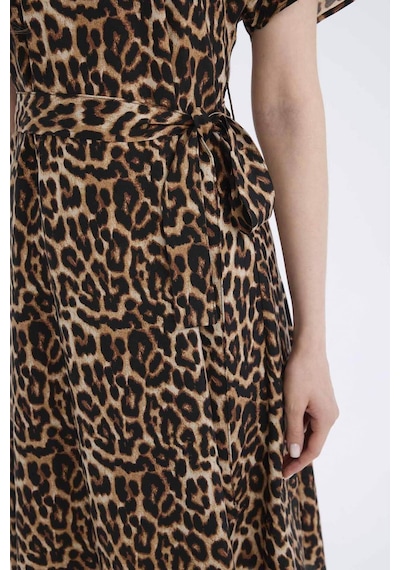 DeFacto Regular Fit Bisiklet Yaka Leopar Desenli Kuşaklı Kısa Kollu Midi Elbise E7113AX25SPBG150