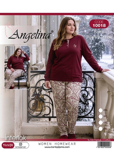 Angelina Kadın Battal Düğmeli Yaka %100 Pamuk İnterlok Kışlık Pijama Takımı 10018 - 1 Adet Bordo Angelina Kadın Battal Düğmeli Yaka %100 Pamuk İnterlok Kışlık Pijama Takımı 10018 - 1 Adet Bordo