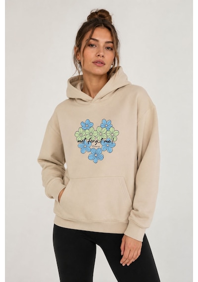 Herkesemoda Kalp Çiçek Baskılı Kapüşonlu 2 İplik Şardonlu Sweatshirt Bej