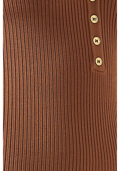 Elit Elisabetta Franchi Ribbed Chest Pocket V Yaka Logo Düğmeli, Triko Midi Elbise Abiye Bej 44