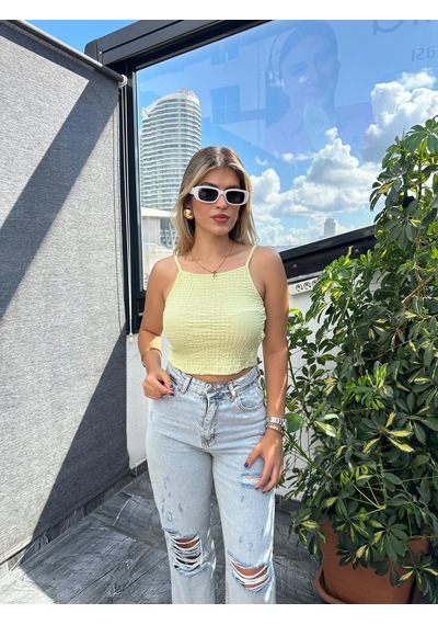 Esnek Rahat Yumuşak Doku Askılı Yeşil Crop Top , Kadın Bluz , Crop Sari