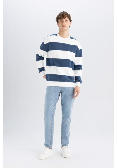 Defacto Boxy Fit Bisiklet Yaka Çizgili Sweatshirt A9066AX24AUBE88 Mavi