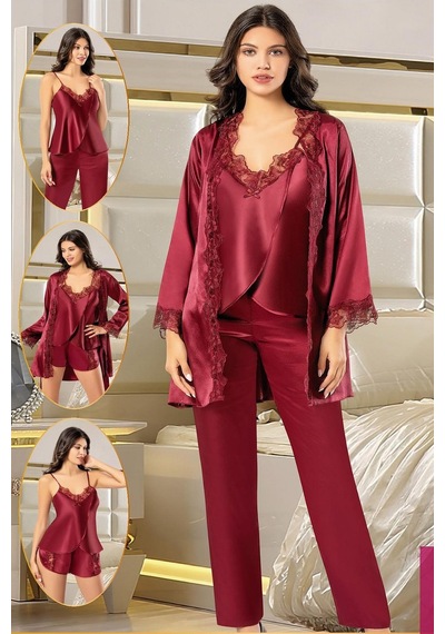 Xses 2165 Kadın Saten Empirme Sabahlıklı 4'lü Pijama Takım-bordo Bordo
