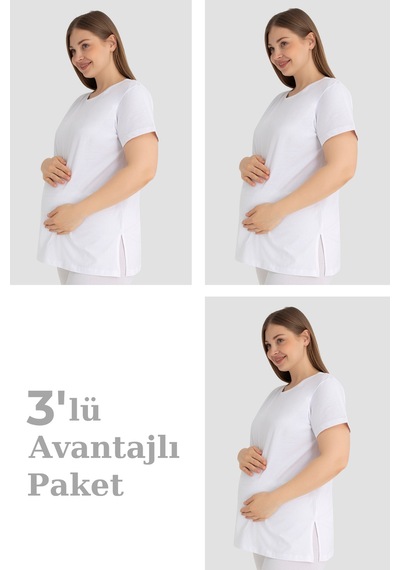 Arma Yıldız Pamuklu Kısa Kollu Hamile Tişört Beyaz 3'lü Paket Yumuşak Ve Rahat Hamile Giyim