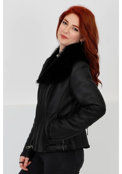M M Marki Marki Siyah Hakiki Kürk Ve Deri Mont - Kemerli, Yakası Kürklü, Fit Kesim, Elegant Chic - 103722