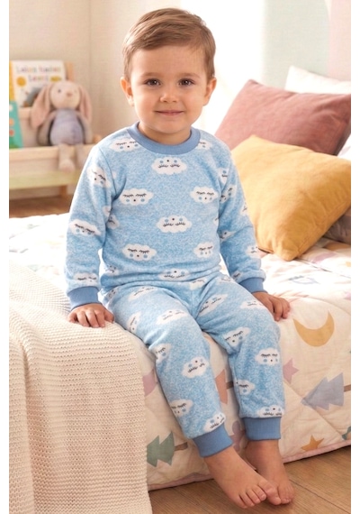 Bebegen Erkek Bebek Bulut Desenli Alt Üst Mavi 2'li Pijama Takım Çok Renkli