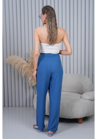 Polologin Butik Beli Bağcıklı Yüksek Bel Bol Paça Mavi Pantolon Kapalı Mavi