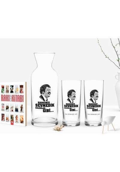 Kişiye Özel Renkli Baskılı Hangimiz Sevmedik Çılgınlar Gibi Tasarımlı İkili Rakı Bardağı Karaf Ve Cep Kitabı Hediye Seti-6