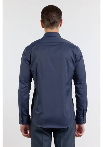 İmza Koyu Lacivert Sert Yaka Uzun Kol Cepsiz Slim Fit Pamuklu Gömlek 1004255228