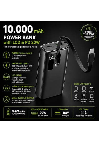 Sbs 10000 Mah Powerbank Dahili Usb-c Kablolu Lcd Ekranlı Pd 20w Hızlı Şarj Usb-a 22.5w Siyah 10.000 Mah