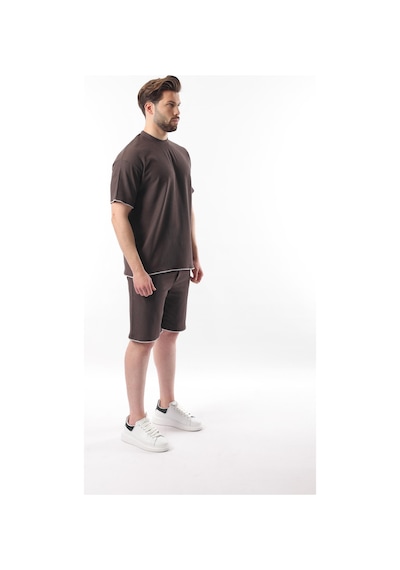 Madmext Kahverengi Nakış Detaylı Erkek Şort T-shirt Takım E7305 Kahverengi