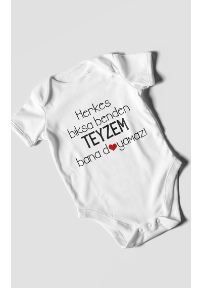 Herkes Bıksa Benden Teyzem Bana Doyamaz Baskılı Bebek Zıbını Çıtçıtlı Body %100 Pamuk Kısa Kol Beyaz