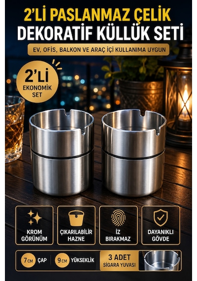 2'li Set Paslanmaz Çelik Masa Tipi Küllük Dekoratif Krom Küllük Ev Ofis Araç İçi Kullanım 9 Cm