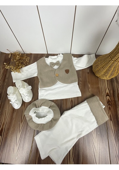 Zıpır Bebe Papyonlu Bebek Takım Açık Kahverengi
