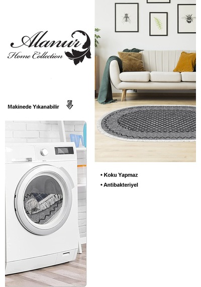 Dekoreko Kaymaz Taban Djt Salon Halısı Star Pamuk Saçaklı Oval Modern M5001 gri