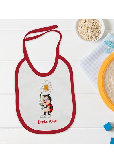 Arba BK Kids Kişiye Özel Uğur Böceği Tasarımlı Kırmızı Bebek Mama Önlü Kırmızı