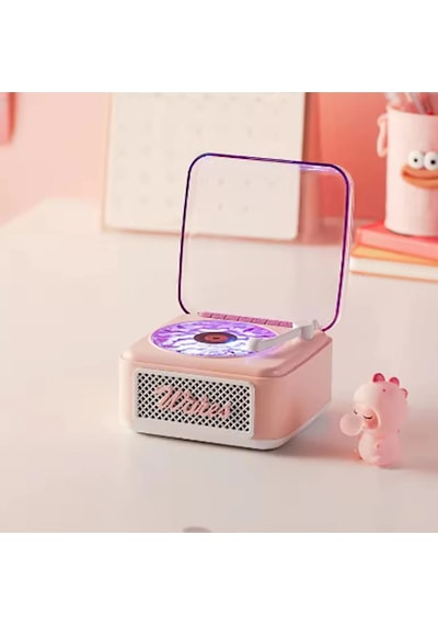 Belirtilmemiş Nostalji Mini Plak Görünümlü Radyolu Bluetooth Hoparlör 3d Ses Dalgası Retro Müzik Plak Pembe