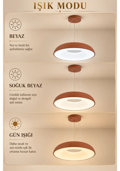 Modern Premium Kahve Tekli 3 Renkli Ledli Sarkıt Avizesi Salon Mutfak Oturma Odası Modelleri 96w Beyaz