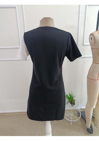 Alemdarshop Kadın Kısa Kollu V Yakalı Çift Renklç Kısa Lazer Kesim Çiçek Detaylı Ithal Krep Elbise Siyah