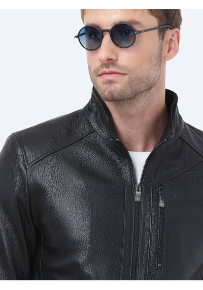 Kip Siyah Regular Fit Kapüşonlu Smart Casual Koyun Derisi Deri Mont
