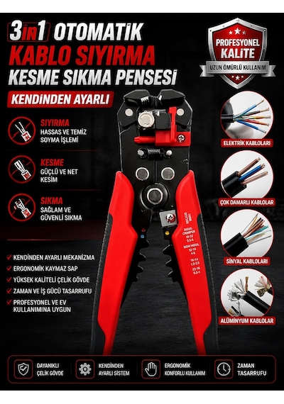 Mucit Home 3 İn 1 Otomatik Kablo Sıyırma Kesme Sıkma Pensesi Kendinden Ayarlı