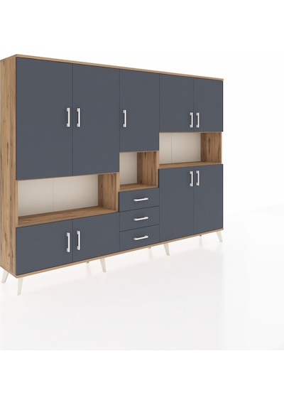 Arges Dolap 13 Raflı 3 Çekmeceli 9 Kapaklı 220x30x163 Çam-antrasi Çam-antrasit