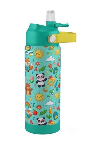 Puccon 540 Ml Sevimli Karakter Baskılı Yeşil Erkek Çocuk Pipetli Çelik Termos Matara/suluk - 60058
