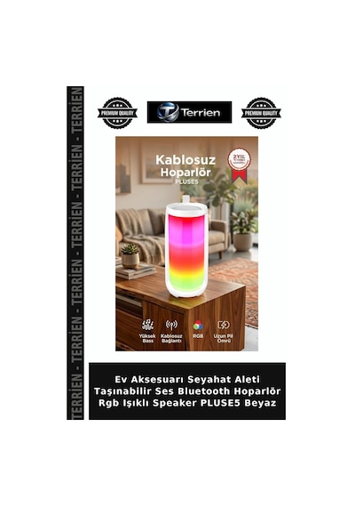Ev Aksesuarı Seyahat Aleti Taşınabilir Ses Bluetooth Hoparlör Rgb Işıklı Speaker Pluse5 Beyaz