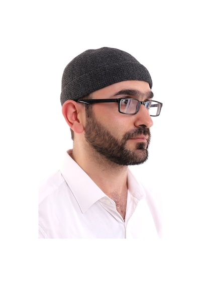 Kışlık Kadife Takke Katlamalı Düz Desen - Açık Siyah