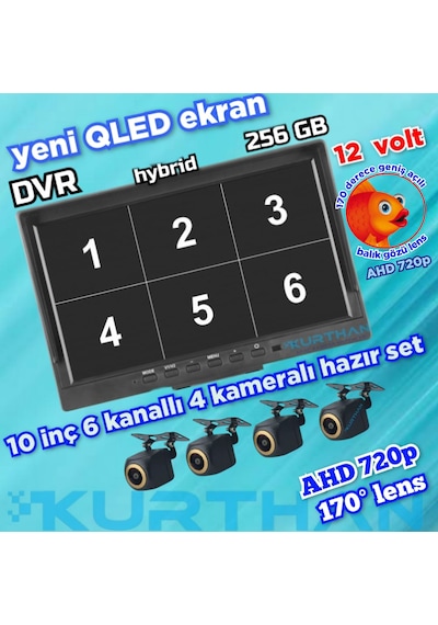 4 Adet 4x3 Cm. 170 Derece Balık Gözü Lens Ahd 720p Kamera Qled Ekran 10'' Dvr 12 V 256 Gb