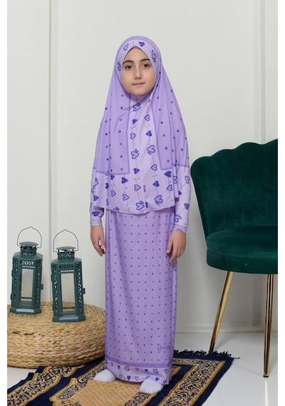 Çocuk Namaz Takımı Pratik İki Parça Desenli Kollu Tak Çıkar Başörtülü Likralı Tesettür Elbise 6-12 Yaş 901-0201