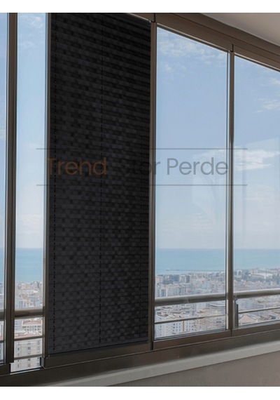 Siyah Plise Katlanır Cam Balkon Perdesi - Ofis Perdesi - Salon Perdesi - 026 Siyah