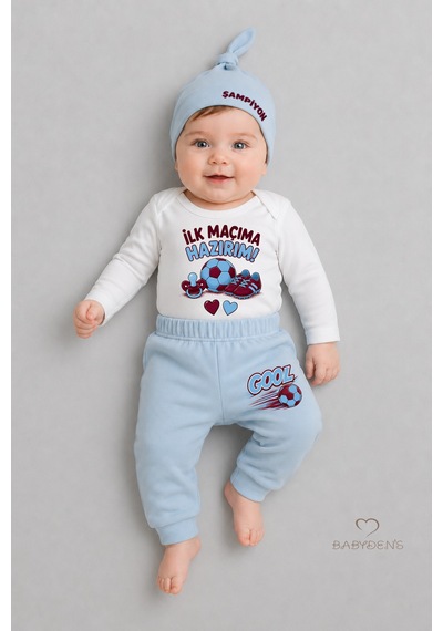 Babyden's Bebek 3'lü Takım Bordo Mavi Taraftar Temalı Uzun Kol %100 Pamuk Yenidoğan Body Pantolon Şapka Seti İlk Maçıma Hazırım 0-9 Ay