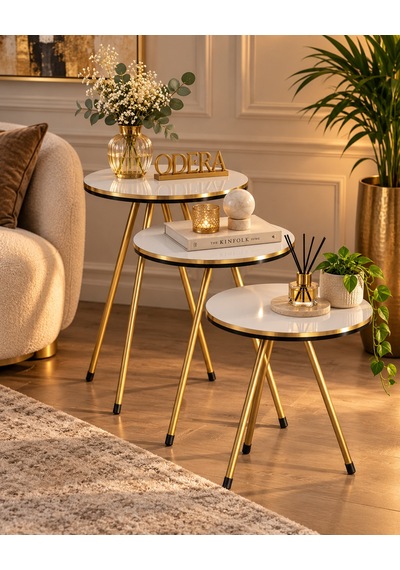 Odera Beyaz Yuvarlak Zigon Sehpa 3'lü Set Metal Ayaklı Modern Salon Sehpası