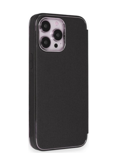 Apple Uyumlu iPhone 14 Pro Max Kapaklı Kılıf Parmak Izi Bırakmaz Dışı Deri Içi Süet Tasarım Siyah