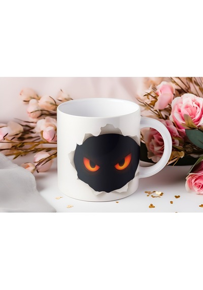 3d Görünümlü Kırmızı Gözlü Kupa Bardak Halloween Temalı Siyah Yüz Tasarım Bardak - Kabartmasız Beyaz