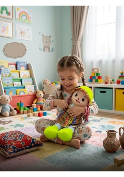 Yöresel Oyun Arkadaşım Büyük 45cm Yöresel Elbiseli Ve Şapkalı El Yapımı Oyuncak Bez Bebek Yeşil