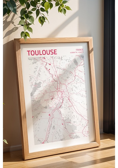 Tuzul Fransa Toulouse - France Haritası Çerçeveli Tablo Lüks Salon Ofis Duvar Dekorasyonu Tablo Kayın