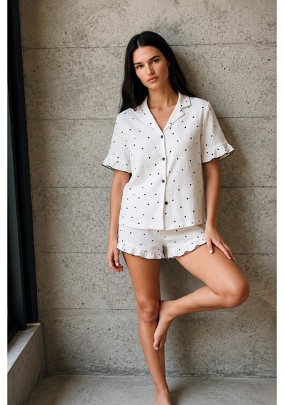 Kadın V Yaka Comfort Fit Beyaz Pijama Takımı