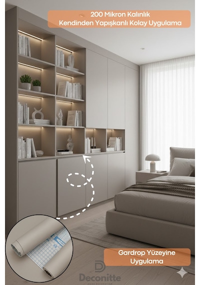 Deconitte Premium Kendinden Yapışkanlı Mat Bej Renk Pvc Mobilya Dolap Tezgah Duvar Kaplama Dekoratif 60x100cm