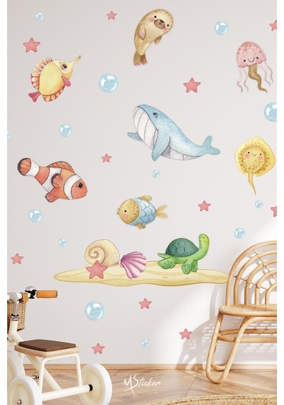 Soft Renklerde Sevimli Hayvanlar Çocuk Bebek Odası Sticker Seti, Sevimli Deniz Okyanus Hayvanları