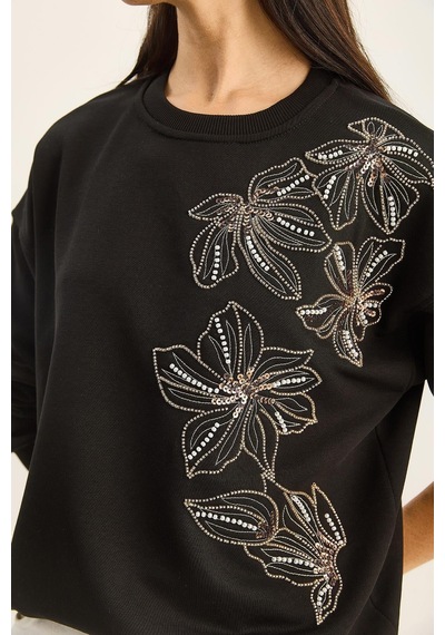Shade Kadın Bisiklet Yaka Çiçek Boncuk İşlemeli Relaxed Sweatshirt 1572 60283809 - Siyah
