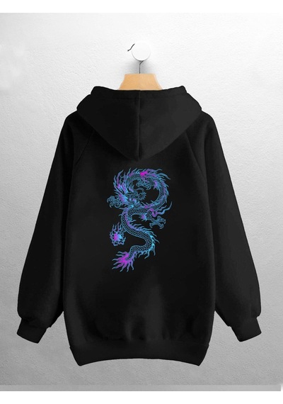 Macklin Unisex Kadın Erkek Mavi Ejderha Baskılı Sweatshirt Siyah Mck0775 Siyah